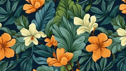  a floral pattern with orange and yellow flowers on a dark background.  generative ai