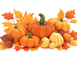 3D realistic Pumpkins surrounded by colorful autumn fall maple leaves ,illustration present a group of pumpkins gather together for a festive celebration, Thanksgiving Day. Generative AI. Postcard .