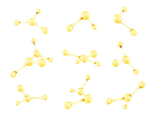 Set of gold oil molecule. 3D abstract molecular structures. Gold collagen serum and vitamin hyaluronic acid skin care solutions. Beauty science skincare molecular concept. Vector illustration