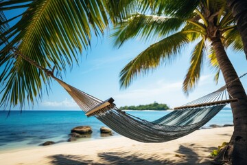 Tourist relaxing in hammock on tropical beach