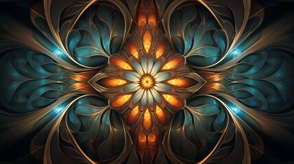 A colorful stained glass window with a orange and blue mandala abstract background