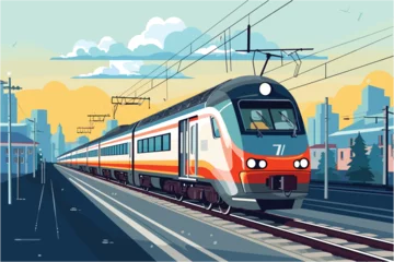 Deurstickers Train on the railway, Train rides arrives at the station, Vector illustration © Creative_Design