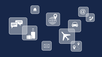 Transparent square buttons on the screen and icons  business  management and transportation