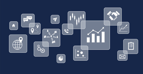 Transparent square buttons on the screen and icons financial graph, business  management