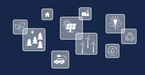 Transparent square buttons on the screen and icons renewable technologies