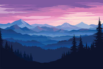 Sunset desert panoramic view with mountains, Vector illustration - obrazy, fototapety, plakaty