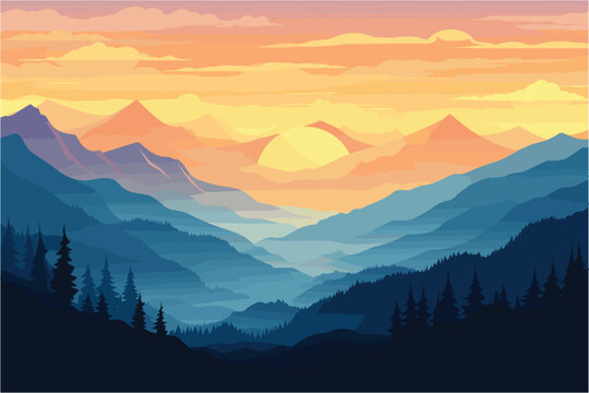 Sunset desert panoramic view with mountains, Vector illustration