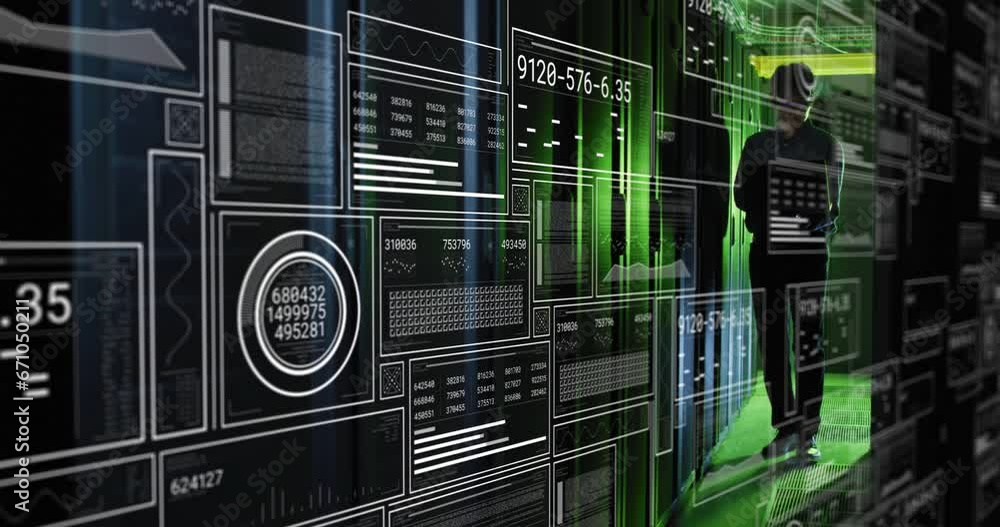 Poster animation of interface with data processing over asian male engineer using laptop at server room
