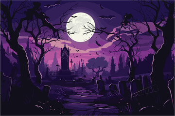 Purple Halloween cemetery, Purple Cemetery Halloween background, Vector illustration - obrazy, fototapety, plakaty