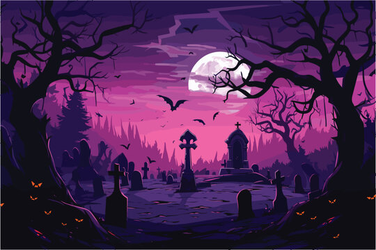 Purple Halloween cemetery, Purple Cemetery Halloween background, Vector illustration