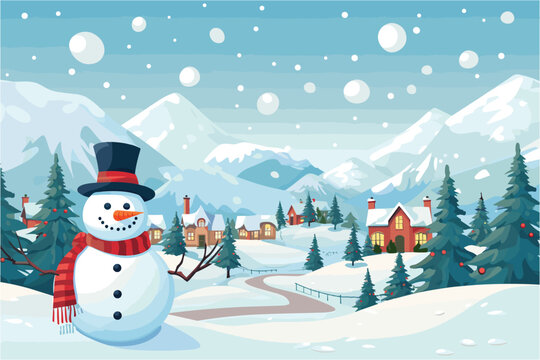 Snowman against the backdrop of forest and mountains in snowy weather , Christmas design, Beautiful winter landscape, Vector illustration