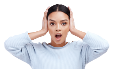 Surprise, wow and shocked with portrait of woman on png for announcement, gossip and rumor. Confused, secret and fear with face of person isolated on transparent background for hearing and alert