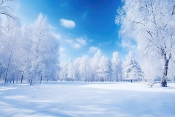 Winter christmas idyllic landscape, white trees