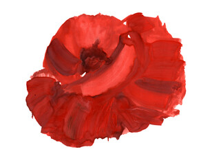 A red poppy flower hand-painted in gouache and acrylic on a white background. A design element of fabric print, T-shirt, cosmetics packaging. Modern artistic botanical illustration