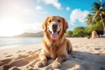 Golden Retriever Dog Enjoys Summer Vacation At Hawaiian Beach - obrazy, fototapety, plakaty