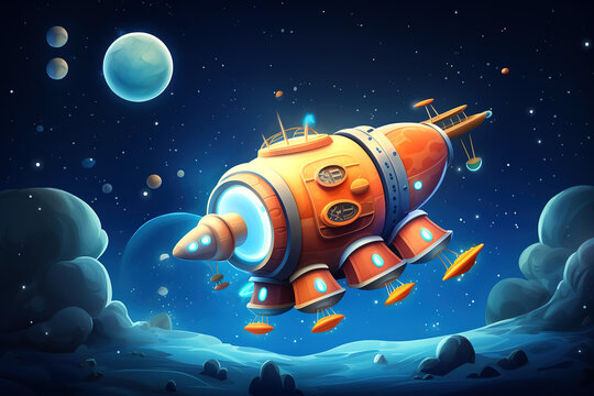 Cartoon spaceship, rocket in space