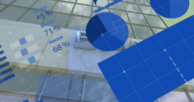 Animation of statistical data processing against low angle view of bank building