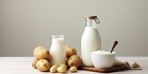 Fototapeta na wymiar Health Benefits Of Milk From Potatoes On Table