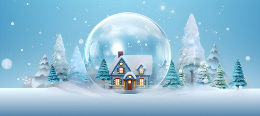 Naklejka premium Happy New Year and Merry Christmas banner with pine and house in ball