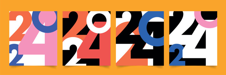 Fototapeta premium Set of modern 2024 new year cards. Creative cover design template with colorful numbers of 2024. Vector .