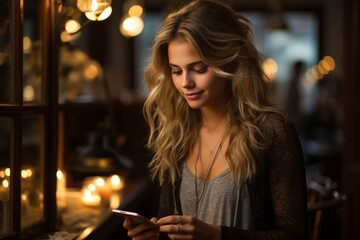 Beautiful teenage girl with smartphone in a decorated living room lit by dim lanterns and candles. Cute girl with dreamy smile looking at phone, reading or texting message. Waiting for a romantic eve.