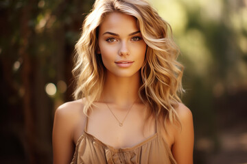 Naklejka premium A blonde woman model wearing a brown sundress in the garden