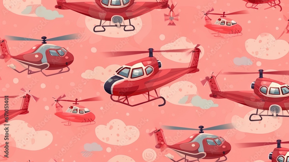 Poster a red and blue helicopter pattern on a pink background with clouds. generative ai
