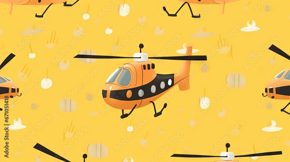 Poster a yellow background with a helicopter and a helicopter on it. generative ai
