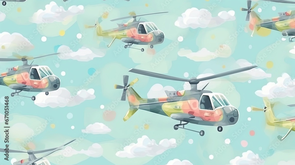 Poster a pattern of a helicopter flying through the sky with clouds. generative ai