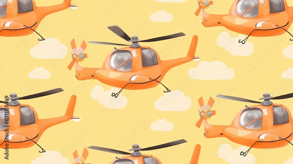 Poster a pattern of a helicopter flying in the sky with clouds. generative ai