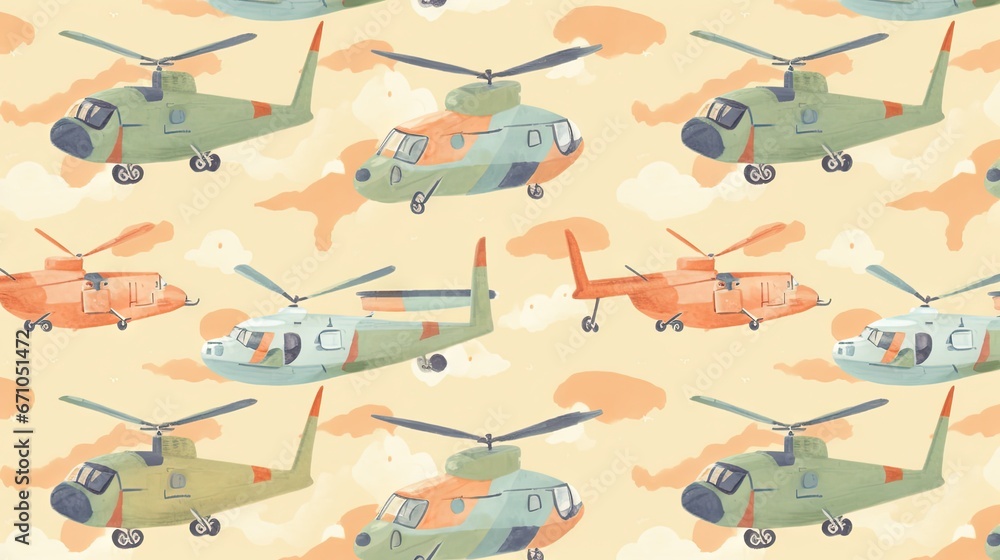 Poster a pattern of a helicopter on a yellow background with clouds. generative ai