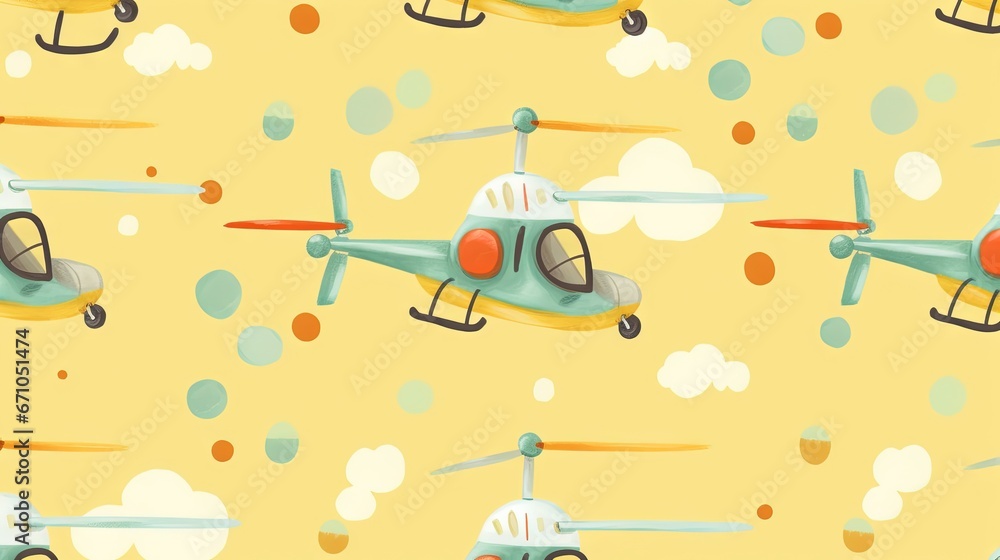 Poster a yellow background with a blue and red helicopter pattern on it. generative ai