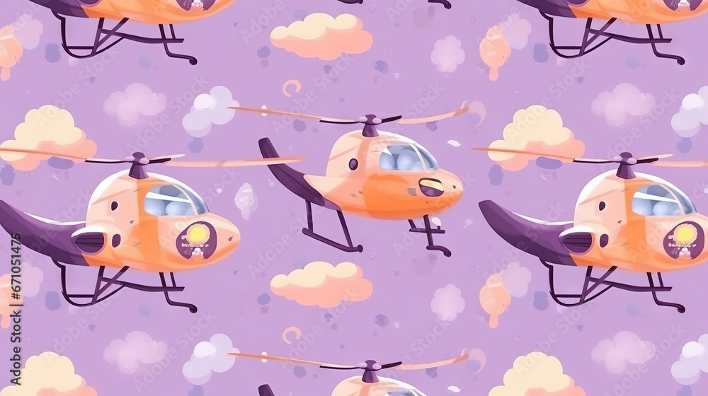 Poster a pattern of a helicopter flying in the sky with clouds. generative ai