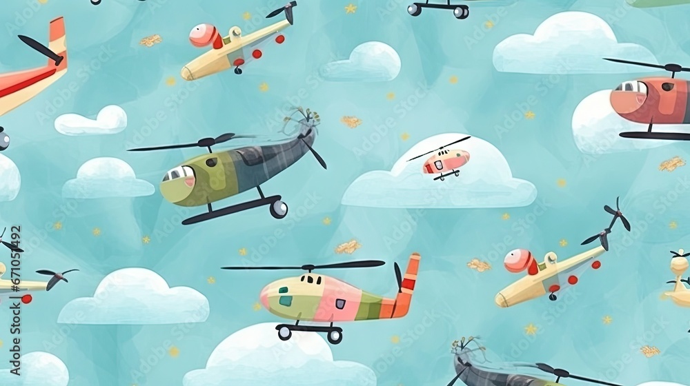 Poster a group of airplanes flying through a cloudy sky with clouds. generative ai