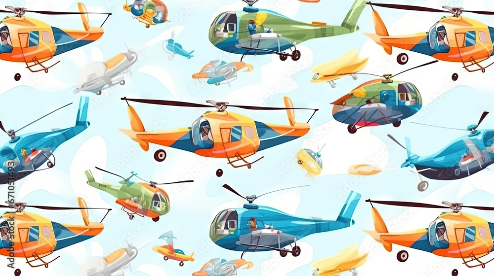 Aufkleber a pattern of colorful helicopters on a blue background with clouds. generative ai