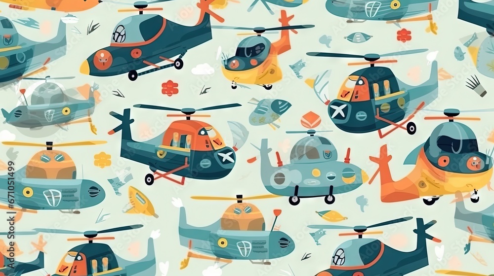 Poster a pattern of a helicopter and a helicopter with a propeller. generative ai