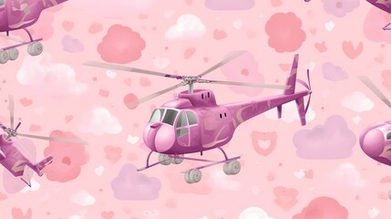  a pink helicopter with hearts flying in the sky above it.  generative ai