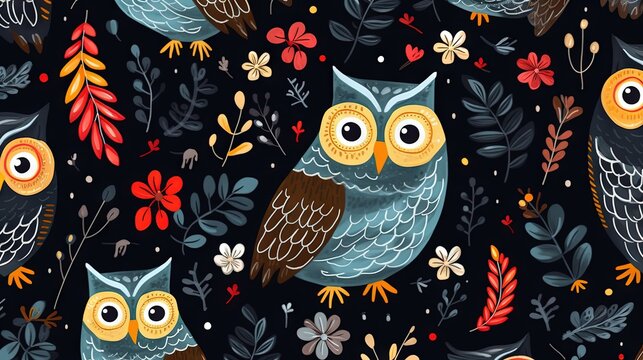  an image of an owl pattern on a black background with flowers and leaves.  generative ai