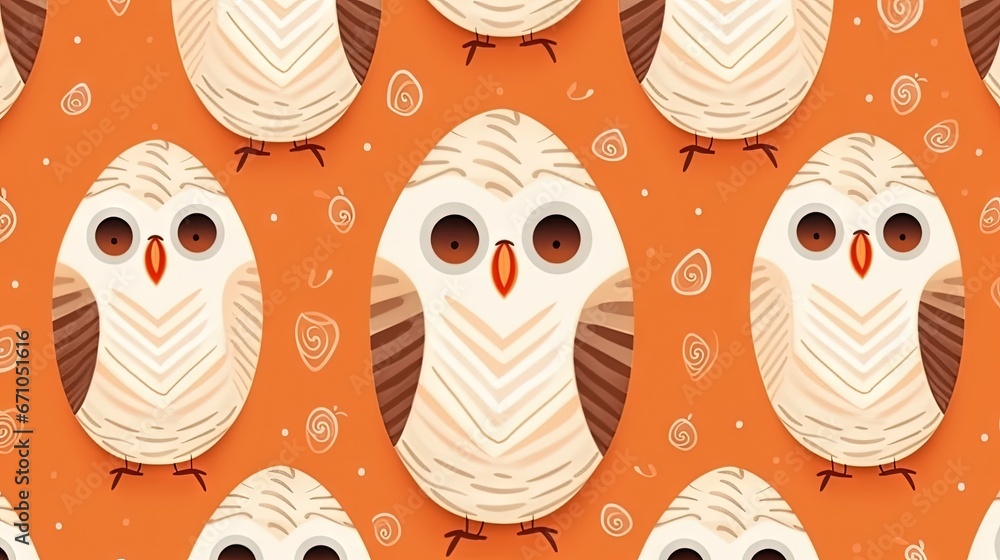 Poster an orange background with a pattern of owls and leaves on it. generative ai