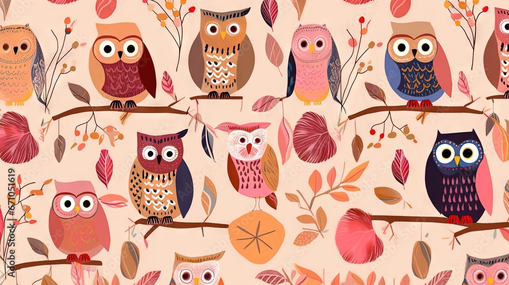 Poster a group of owls sitting on top of a tree branch. generative ai