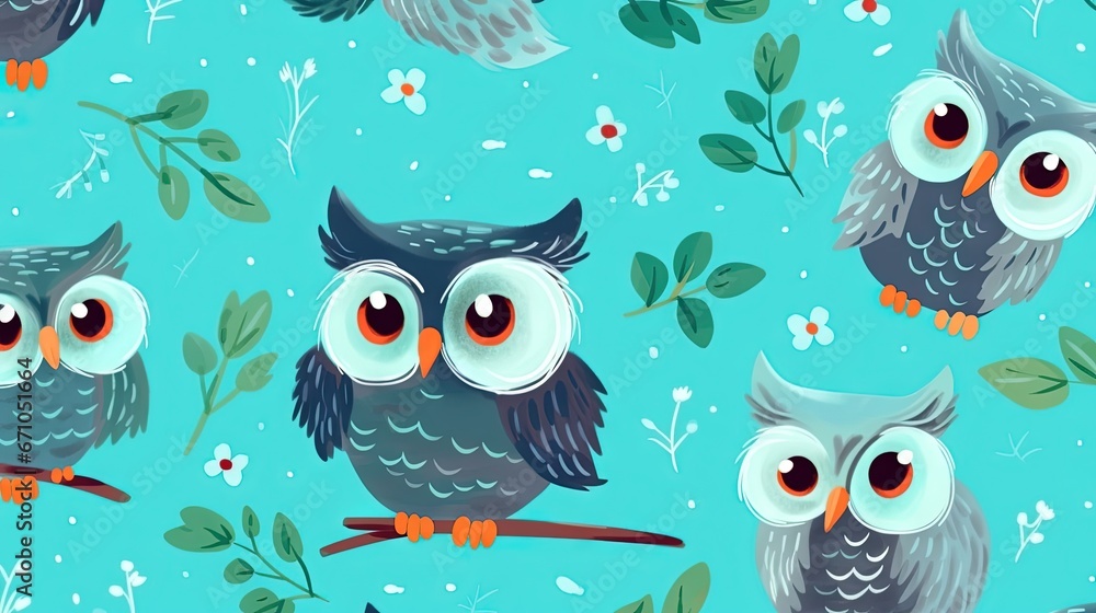 Poster a blue background with two owls sitting on a tree branch. generative ai