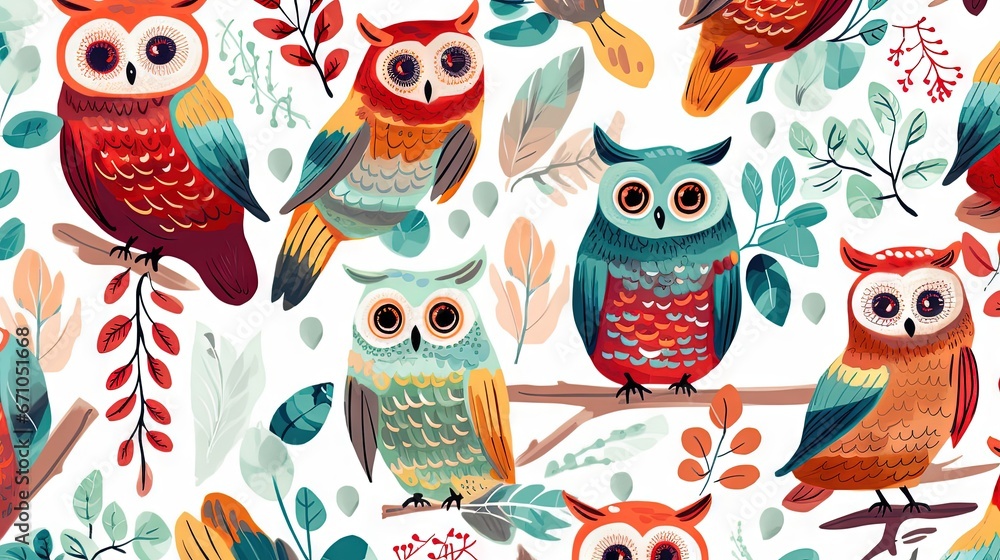 Poster a group of owls sitting on top of a tree branch. generative ai