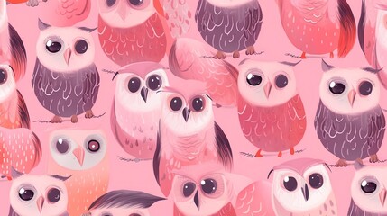  a group of owls sitting next to each other on a pink background.  generative ai