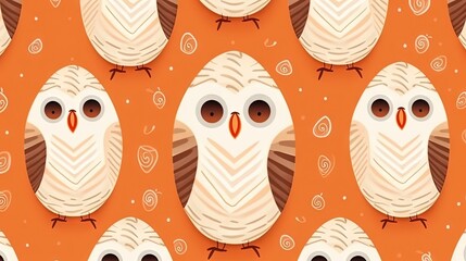  an orange background with a pattern of owls and leaves on it.  generative ai