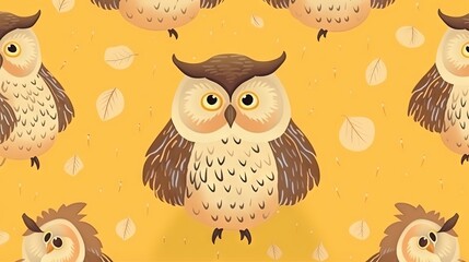  a pattern of owls with big eyes and leaves on a yellow background.  generative ai