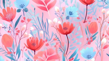  a pink and blue floral wallpaper with red, blue, and white flowers.  generative ai