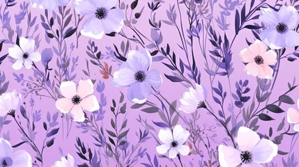  a bunch of flowers that are on a purple background with leaves.  generative ai