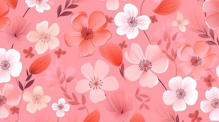  a pink background with white and red flowers and leaves on it.  generative ai
