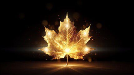 golden glowing maple leaf  made by gold floating and flying on white background, spark light, elegant light