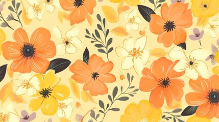  an orange and yellow flower pattern on a light yellow background.  generative ai